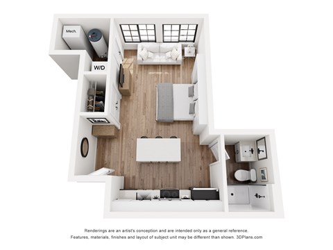 A 3D floor plan of a small apartment with a kitchen, living room, and bedroom.